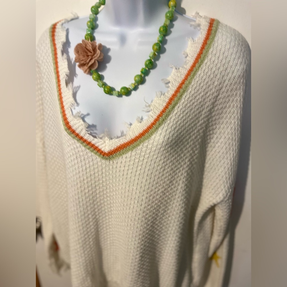 Hem & Thread Cream V-Neck Sweater with Colorful Trim. Large